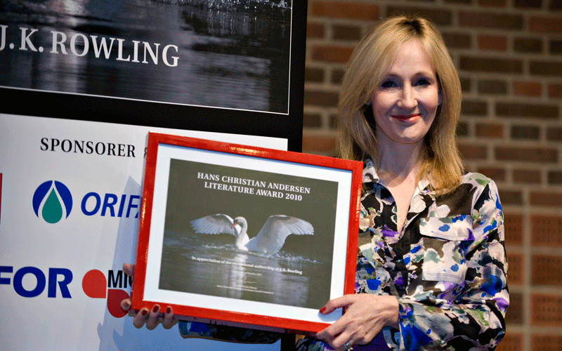 British author J. K. Rowling, displays the Hans Christian Andersen Award 2010, in Odense, Denmark. "Harry Potter" author J.K. Rowling has won the Hans Christian Andersen Literature Prize. She is the first recipient of the 500,000 kroner ($93,352) award, which was handed out Tuesday at a ceremony in Odense, Andersen's hometown. Rowling's seven books about the boy wizard have sold more than 400 million copies worldwide and have been translated into many languages. (AP)