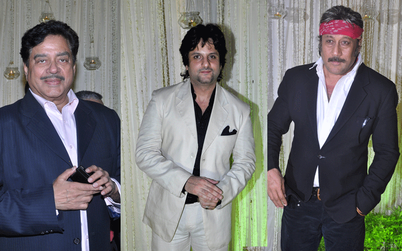 Indian Bollywood actor Shatrughan Sinha, Fardeen Khan and Jackie Shroff attend newly wed Vivek Oberoi and Priyanka Alva's reception party in Mumbai. (AFP)