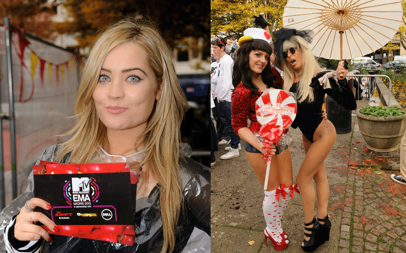 MTV presenter Laura Whitmore and (R) Katy Perry lookalike Delia Marie Williams and Lady Gaga lookalike Victoria Cluskey pose after presenting the MTV Giant Tomato Fight in Golden Square on November 2, 2010 in London, England. The tomato fight was arranged by MTV to promote the European Music Awards which will be held in Madrid on November 7th. (GETTY IMAGES)