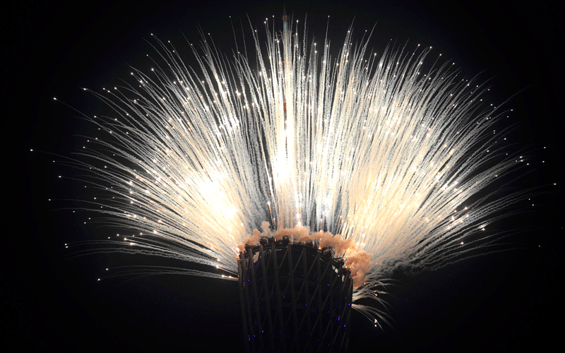 Fireworks are set off on top of the Guangzhou Tower during rehearsals for the opening ceremony of the Asian Games to be held in Guangzhou, China.  For the second time in three years, China is about to stage a spectacle of Olympic proportions. (AP)