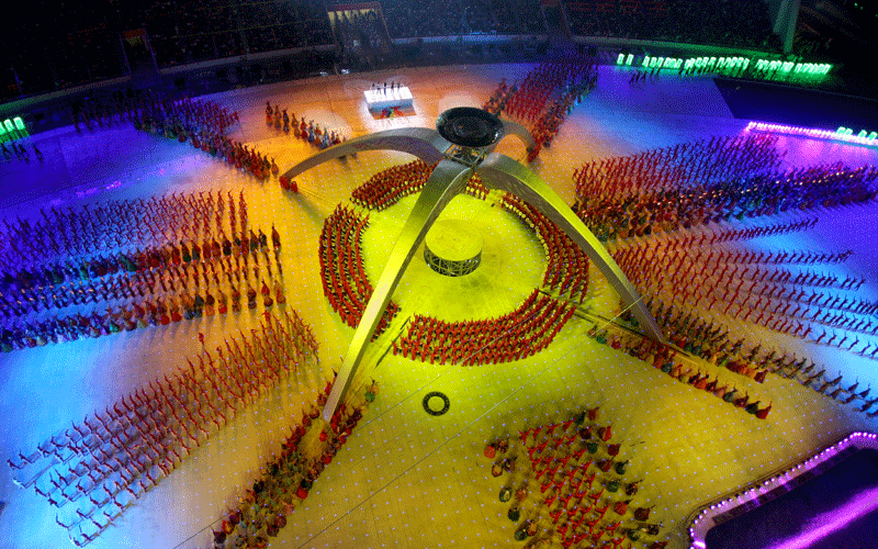 Artists perform during a rehearsal for the opening ceremony of the 16th Asian Games in Guangzhou. The 16th Asian Games will be held in south China's Guangdong province, a major export hub in China, from November 12-27 and will be the biggest ever, with 45 countries and territories taking part in 42 sports. (AFP)