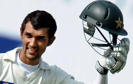 Pakistan batsman Zulqarnain Haider celebrating scoring against England on his debut test on the third day of the second NPower Test match at Edgbaston in Birmingham, central England. (AFP)