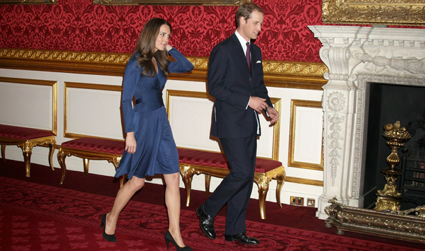 Prince William and Kate Middletonarrive to pose for photographs in the State Apartments of St James Palace in London, England. After much speculation, Clarence House today announced the engagement of Prince William to Kate Middleton. The couple will get married in either the Spring or Summer of next year and continue to live in North Wales while Prince William works as an air sea rescue pilot for the RAF. The couple became engaged during a recent holiday in Kenya having been together for eight years. (GETTY IMAGES)