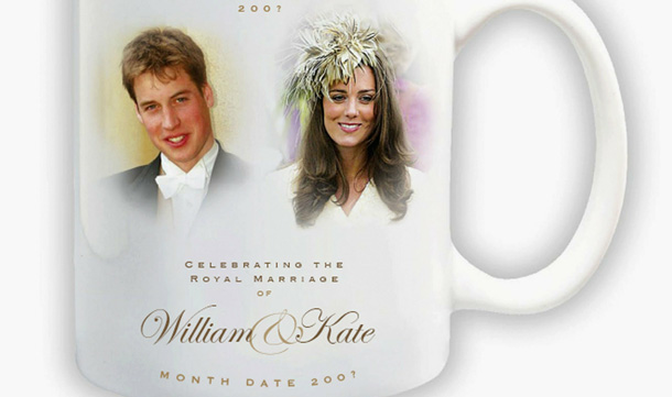 A souvenir mug is seen to mark the anticipated engagement of Prince William and his girlfriend Kate Middleton. Beneath the portraits of Prince William and Kate Middleton is the message Celebrating the Royal marriage of William and Kate," with a space left for the date. The leading high street store has designed a range of memorabilia including traditional china plates, thimbles, mouse mats and Will and Kate shaped pick and mix sweets in anticipation of the event. It was announced by Clarence House that Prince William will marry girlfriend Kate Middleton in the Spring / Summer of 2011. (GETTY IMAGES)