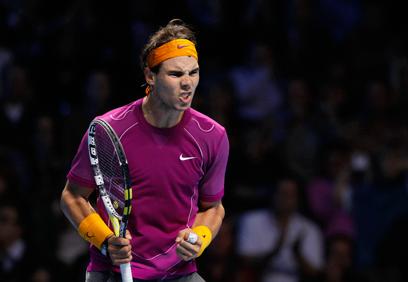 Rafael Nadal reacts during a round robin singles match against Andy Roddick at the ATP World Tour Finals at the O2 Arena in London on Monday. (AP)