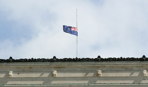 The Auckland Museum is seen with their New Zealand flag flying at half mast for the trapped minersin Auckland, New Zealand. Families were informed there would be no survivors after a second blast occurred at the Pike River mine where 29 miners were trapped following an initial blast on November 19. Safety and rescue crews were on standby for days waiting for safe air and gas levels to commence a rescue mission. Two Australians, two Britons, and a South African were amongst the New Zealand mine crew trapped in the mine 50 kilometers north of Greymouth on New Zealand's west coast. (GETTY IMAGES)