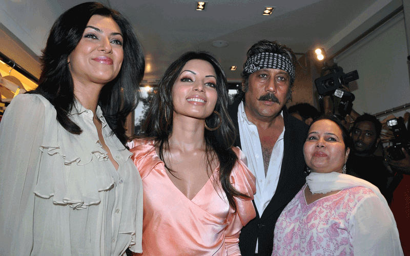 Indian actress Shushmita Sen (left) and actor Jackie Shroff (second right) pose with Indian actress Shama Sikandar (second left) and her mother during the launch of Sikandar's design label "Saisha" in Mumbai. (AFP)