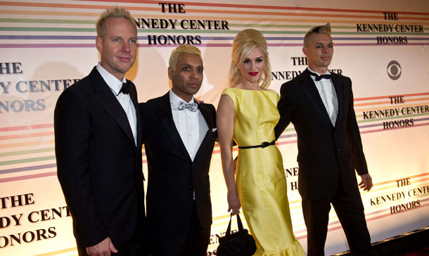 US singer Gwen Stefani (3L) and No Doubt band members  pose on the red carpet of the Kennedy Center Honors gala performance at the Kennedy Center in Washington. (AFP)