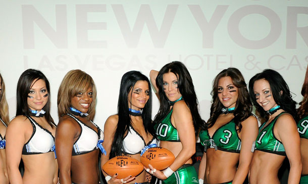 (L-R) Elizabeth Kempton, Cathy Sierra Stephanie Brewster, Sarah Frechette, model/actress Angelica Bridges, Jackie Savitt, Summer Soltis and Tiffany Patrice from the Lingerie Football League's newly-formed Las Vegas team unveil the 2011 Lingerie Bowl official game uniforms at The Sporting House Bar & Grill at the New York-New York Hotel & Casino in Las Vegas, Nevada. Lingerie Bowl VIII will be played at the Thomas & Mack Center in Las Vegas. (GETTY/AFP)