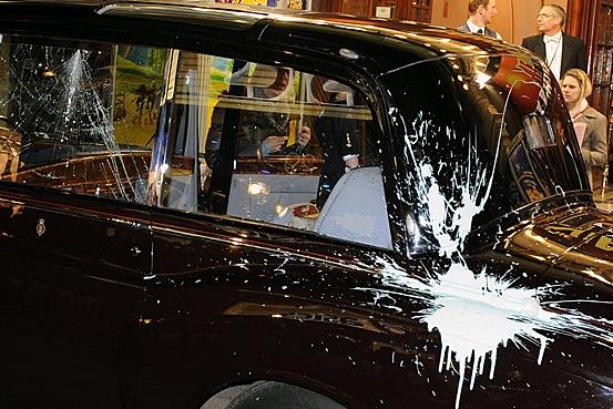 The Rolls Royce had its window smashed and it was covered in paint. "Some of the demonstrators were carrying petrol, specifically to use in arson attacks. If the can of paint had been a can of petrol, it would have been very different," former police officer Charles Shoebridge told media (EPA)