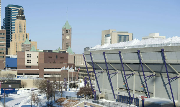 Snow surrounds the Hubert H. Humphrey Metrodome, Mall of America Stadium where the inflatable roof collapsed under the weight of snow during a storm Sunday morning in Minneapolis, Minnesota. A blizzard dumped more than 20 inches of snow in parts of the Midwest forcing the NFL football game between the New York Giants and the Minnesota Vikings to be postponed till Monday and will be played in Detroit's Ford Field. There were no injuries reported from the collapse of the dome. (AFP)