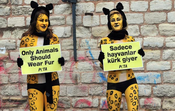 Animal-rights activists of the People for the Ethical Treatment of Animals (PETA) group hold signs during a demonstration in Taksim Square in the center of Istanbul. (AFP)