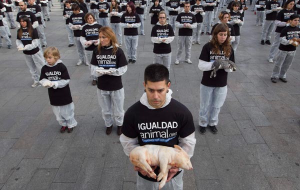 Animal right activists protest holding dead animal's bodies during the International day of Animals Rights in Madrid. (AP)