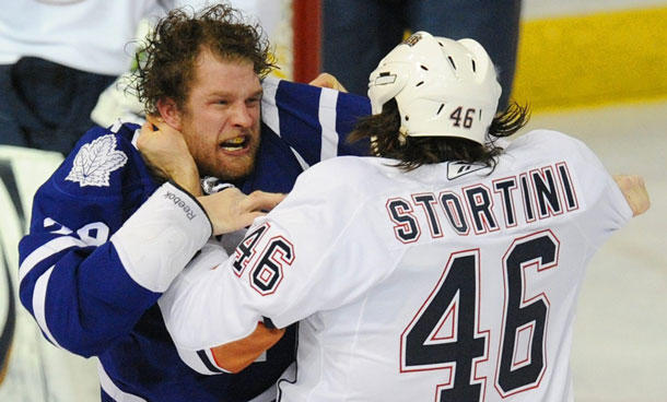 Edmonton Oilers' Zack Stortini, right, fights with Toronto Maple Leafs Colton Orr during second period NHL action in Edmonton. (AP)