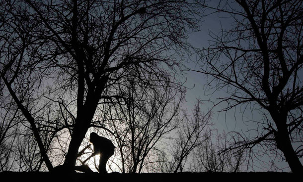 A man works on the roof of a house on a winter day in central Beijing. (REUTERS)