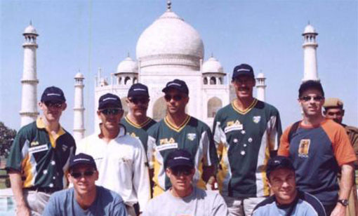 Members of the Australian cricket team pose for photographs in front of the Taj Mahal while touring the city of Agra on March 5, 2001. From bottom L-R is Glenn McGrath, Matthew Hayden, Michael Slater. Top L-R is media manager Brian Murgatroyd, Justin Langer, Colin Miller and coach John Buchanan. Third left, second right and right are unidentified. (REUTERS)