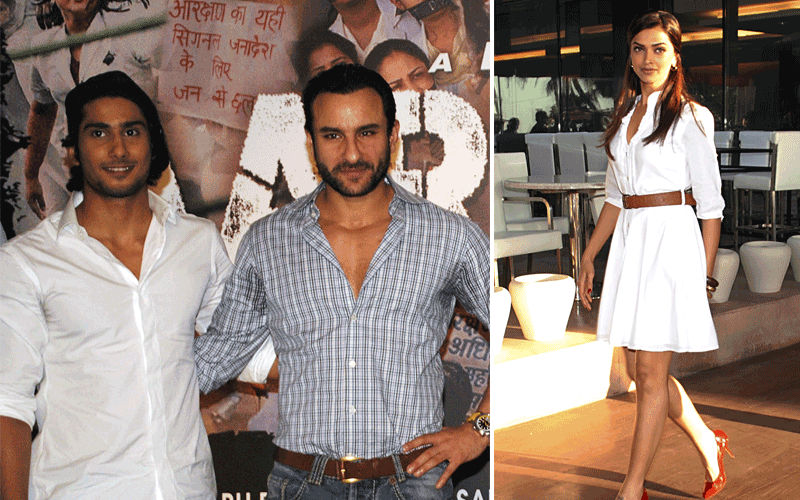 Indian Bollywood personalities Prateik Babbar, Saif Ali Khan and Deepika Padukone pose during a press conference for the forthcoming Hindi film "Aarakshan" in Mumbai. (AFP)