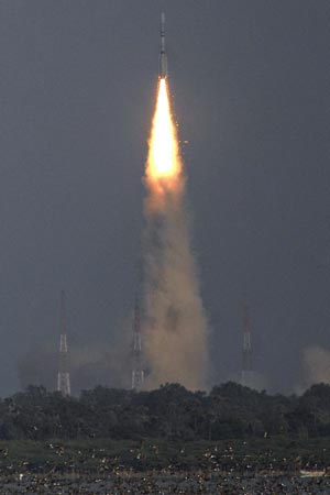 The Indian GSLV (Geosynchronous Satellite Launch Vehicle), carrying the GSAT-5P satellite as payload, lifts off from the launchpad during its ill-fated flight at Sriharikota. (AFP)