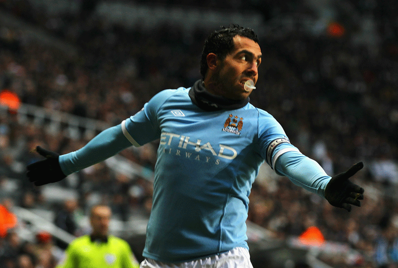 Carlos Tevez of Manchester City celebrates his goal during the Premier League match against Newcastle United at St James' Park on Sunday. (GETTY)