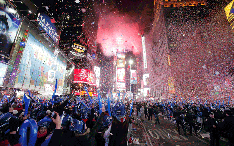 Revellers cheer as confetti falls during New Year celebrations in Times Square in New York. (REUTERS)