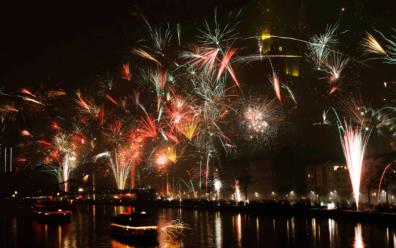 Fireworks explode over the skyline of Frankfurt during New Year Day celebrations. (REUTERS)