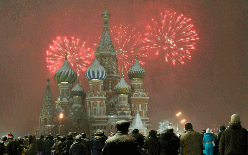 Fireworks explode over St. Basil Cathedral at Red Square during New Year's Day celebrations in Moscow. (REUTERS)