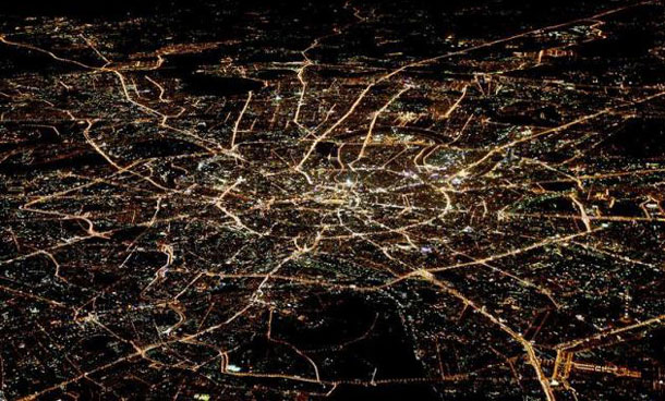 A general view of night Moscow is seen from the window of a passenger jet. (REUTERS)