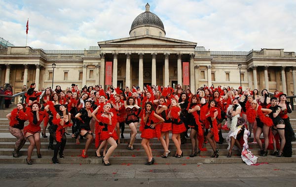 Dancers attempt to break the record for the world's largest burlesque dance in Trafalgar Square on January 3, 2011 in London, England. The dance troop, made up of Virgin Holiday staff and burlesque enthusiasts, took part in a five minute routine. (GETTY)