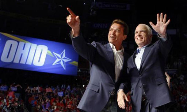 Republican presidential nominee Senator John McCain (R) is joined by California Governor Arnold Schwarzenegger at a campaign rally in Columbus, Ohio. (REUTERS)