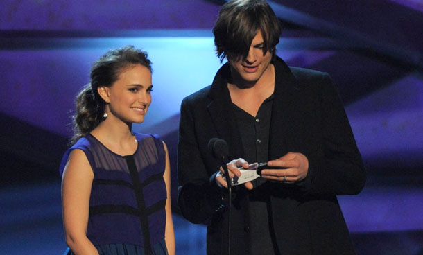 Natalie Portman, left, and Ashton Kutcher are seen onstage at the People's Choice Awards in Los Angeles. (AP)