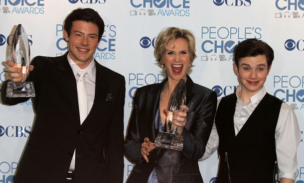 Cory Monteith (L), Jane Lynch (C) and Chris Colfer (R) pose at the People's Choice Awards in Los Angeles, California. (AFP)