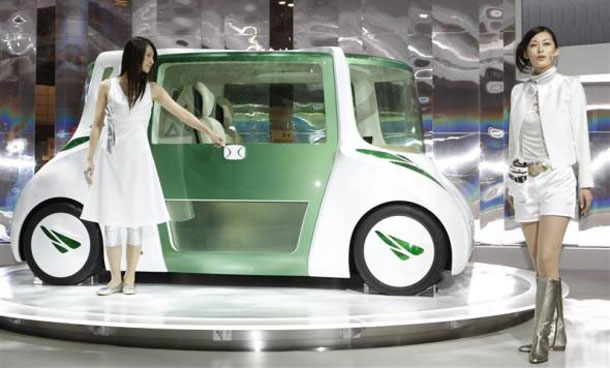 Toyota's RiN concept vehicle, a car designed to promote healthy living with seats that make the driver and passengers sit upright, a steering wheel that senses the driver's mood and visual displays to promote calm, is displayed. (REUTERS)