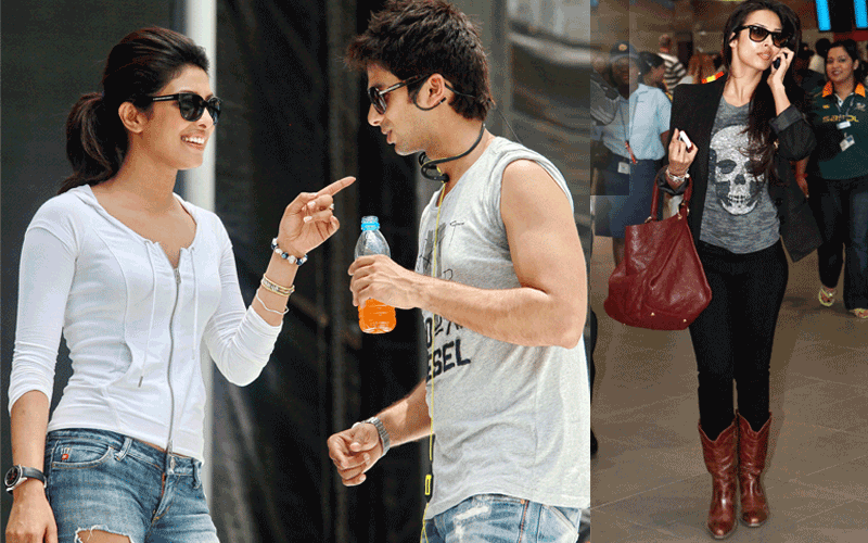 Indian Bollywood actress Priyanka Chopra and boyfriend and actor Shaeed Kapoor smile as they rehearse at the Durban Moses Mabhida stadium for a Bollywood concert at the stadium.  (R) Bollywood actress, model and television personality Malaika Arora Khan  arrives at the Durban King Shaka International airport.  (AFP)