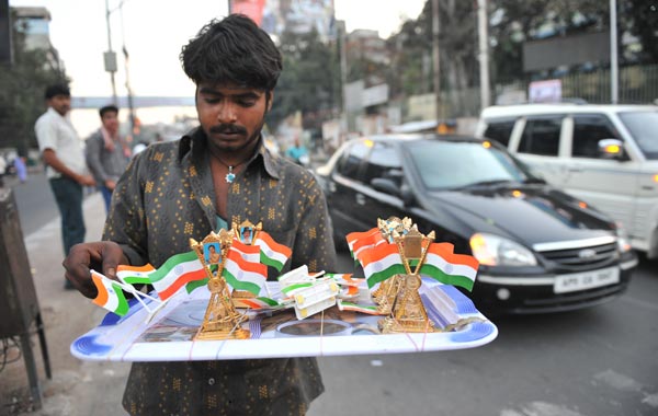 An Indian street vendor sells Indian national flags at in the streets of Hyderabad. (AFP)