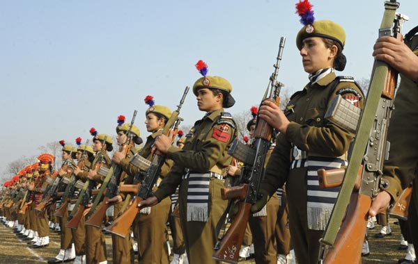 Indian policewomen march during the final full dress rehearsal for the Indian Republic Day parade in Srinagar. (AFP)