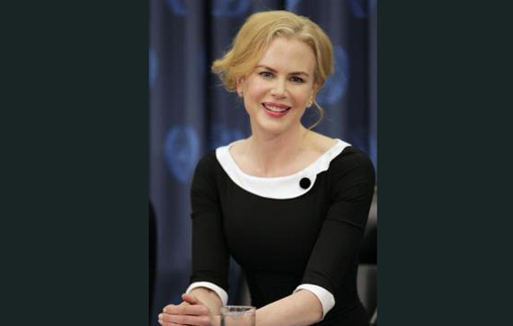 Goodwill Ambassador and actress Nicole Kidman makes a presentation regarding the work done by United Nations Development Fund for Women (UNIFEM) to bring attention to violence against women during a news conference at the United Nations Headquarters in New York. (REUTERS)