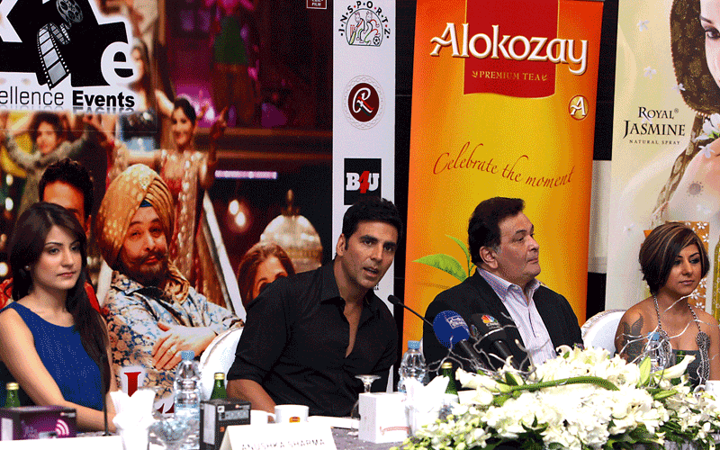 Indian Cinestars Anushka,Akshay Kumar,Rishi Kapoor and Hard Kaur seen during a press conference before the release of their new movie Patiala House in Dubai. (Photo by Ashok Verma)