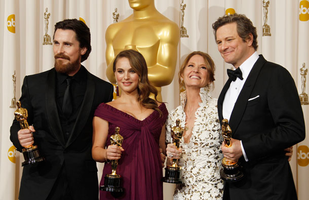 Christian Bale, left, best supporting actor, Natalie Portman, best actress, second from left, Melissa Leo, second from right, best supporting actress, and Colin Firth, best actor, pose backstage with their Oscars at the 83rd Academy Awards on Sunday, in the Hollywood section of Los Angeles. (AP)