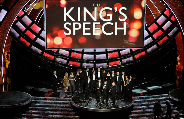 Iain Canning, Emile Sherman and Gareth Unwin accept the Oscar for best motion picture for "The King’s Speech" at the 83rd Academy Awards on Sunday, in the Hollywood section of Los Angeles. (AP)