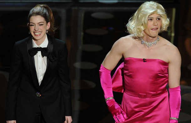 Presenters Anne Hathaway and James Franco, in drag, appear on stage during the 83rd annual Academy Awards at the Kodak Theater in Hollywood. (AFP)