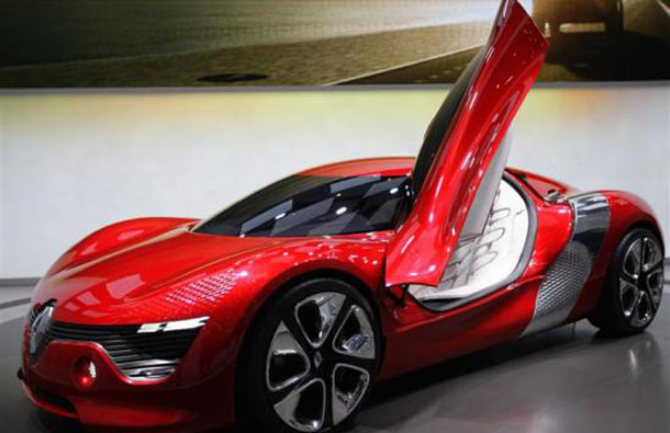 A battery-powered Renault DeZir concept car is displayed during the first media day of the 81st Geneva International Motor Show at the Palexpo in Geneva March 1, 2011. (REUTERS)