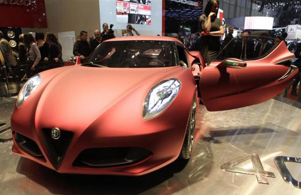 A new Alfa Romeo 4C concept car is displayed during the first media day of the 81st Geneva International Motor Show at the Palexpo in Geneva March 1, 2011. (REUTERS)