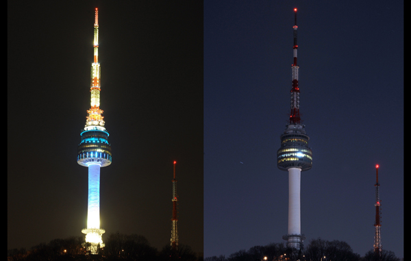 This combo of photos shows the Seoul N Tower before (L) and after (R) the lights were turned off for Earth Hour in Seoul on March 26, 2011. Australia's Opera House was the first of many global landmarks to go dark on March 26 as "Earth Hour" got underway with hundreds of millions of people around the world set to switch off their lights. (AFP)