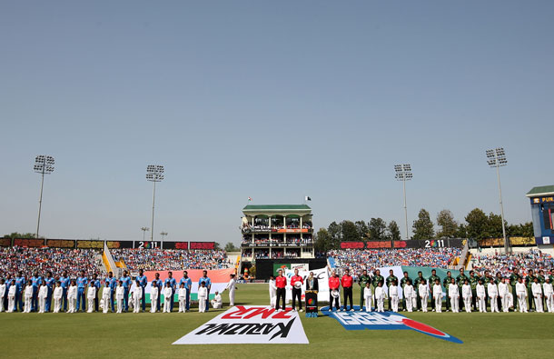 India and Pakistan line up for the national anthems before the 2011 ICC World Cup second Semi-Final between Pakistan and India at Punjab Cricket Association (PCA) Stadium on March 30, 2011 in Mohali, India. (GETTY/GALLO)