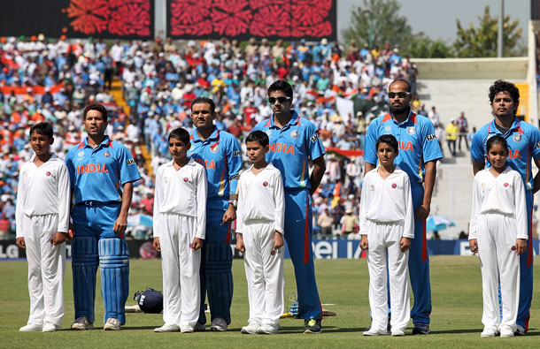 India line up for the national anthems before the 2011 ICC World Cup second Semi-Final between Pakistan and India at Punjab Cricket Association (PCA) Stadium on March 30, 2011 in Mohali, India. (GETTY/GALLO)