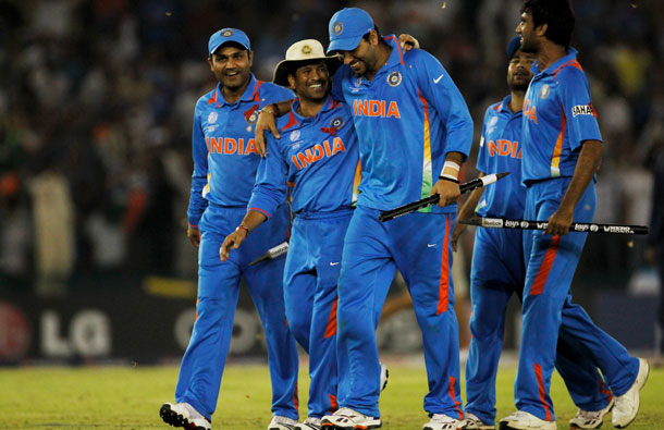 The Indian team celebrate victory over Pakistan during the 2011 ICC World Cup second Semi-Final between India and Pakistan at Punjab Cricket Association (PCA) Stadium on March 30, 2011 in Mohali, India. (GETTY/GALLO)