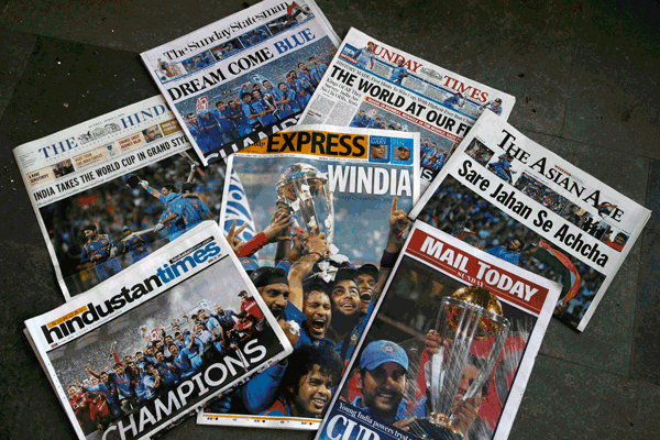 Indian newspaper front pages, the day after India won the Cricket World Cup in New Delhi, India, on Sunday (AP)