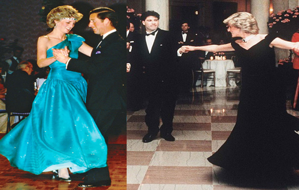 Perhaps her most famous dresses were her ballgowns. The princessy, single shouldered blue taffeta dress on the left was trumped only by the midnight blue velvet she wore to the White House reception with President Reagan, right – a dress made for dancing with John Travolta. (AGENCIES)