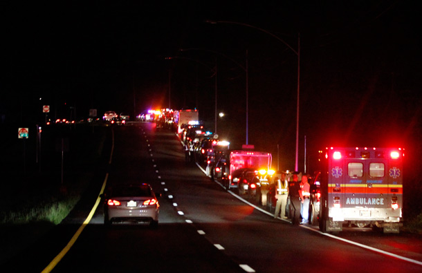 Emergency response vehicles line a highway waiting to be dispatched, after a devastating tornado hit Joplin, Missouri. Tornadoes tore through parts of the US Midwest on Sunday, killing at least 30 people in the Missouri town of Joplin. (REUTERS)