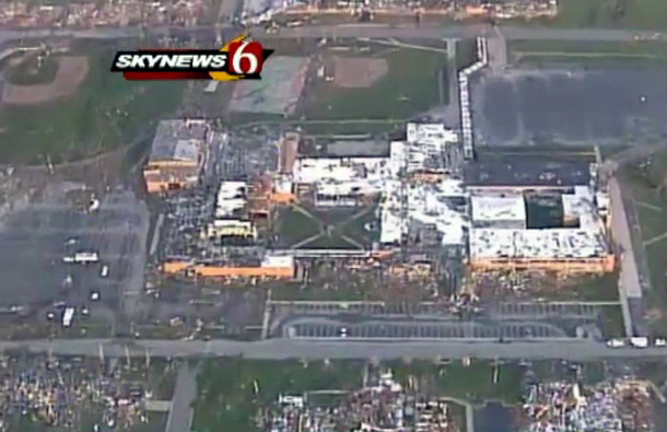 This image taken from aerial video shows damage to a school in Joplin, Mo, a day after a half-mile-wide tornado killed at least 116 people when it blasted much of this Missouri town off the map. (AP)